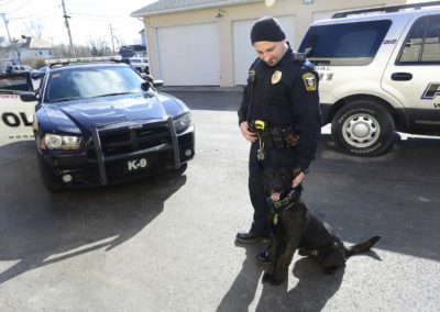 Heroin related crimes in Woodville and other Sandusky County communities has risen dramatically since 2013. Officer Steve Gilkerson works with a drug sniffing dog named Raider to make arrests. Heroin-related burglaries and forced home entries shot up as more residents started using the drug, which is cheaper and more accessible than prescription pills and painkillers.