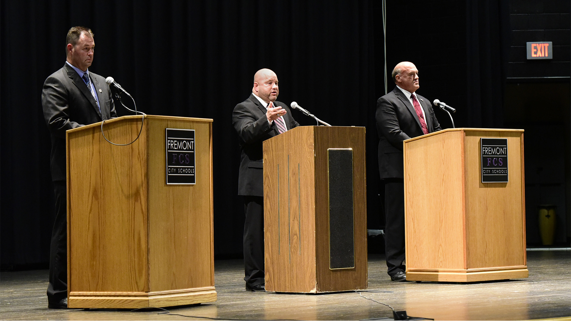 Sandusky County sheriff debate among independent challenger Chris Hilton, from left, incumbent Republican Sheriff Kyle Overmyer, and independent challenger James Consolo on Thursday night.